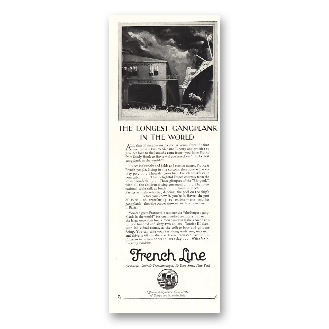 1925 French Line Longest Gangplank In the World Vintage Magazine Print Ad