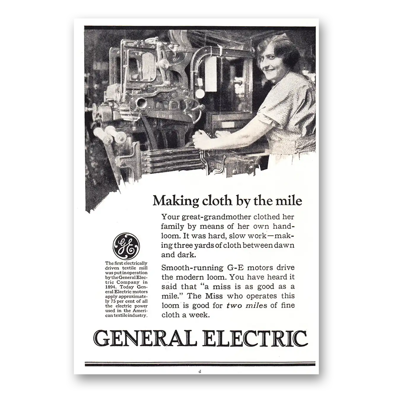 1925 General Electric Making Cloth by the Mile Vintage Magazine Print Ad