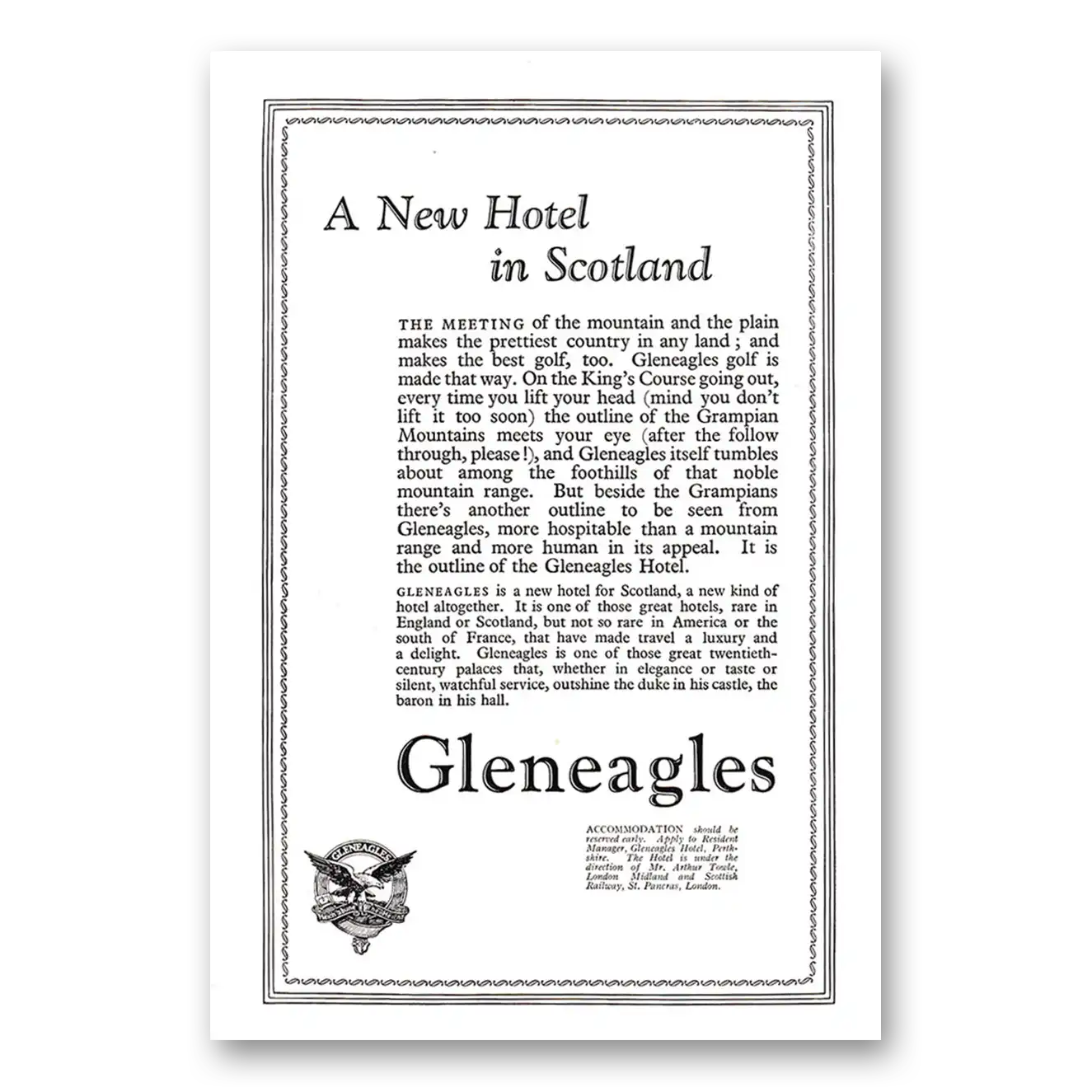 1925 Gleneagles Hotel New Hotel in Scotland Vintage Magazine Print Ad