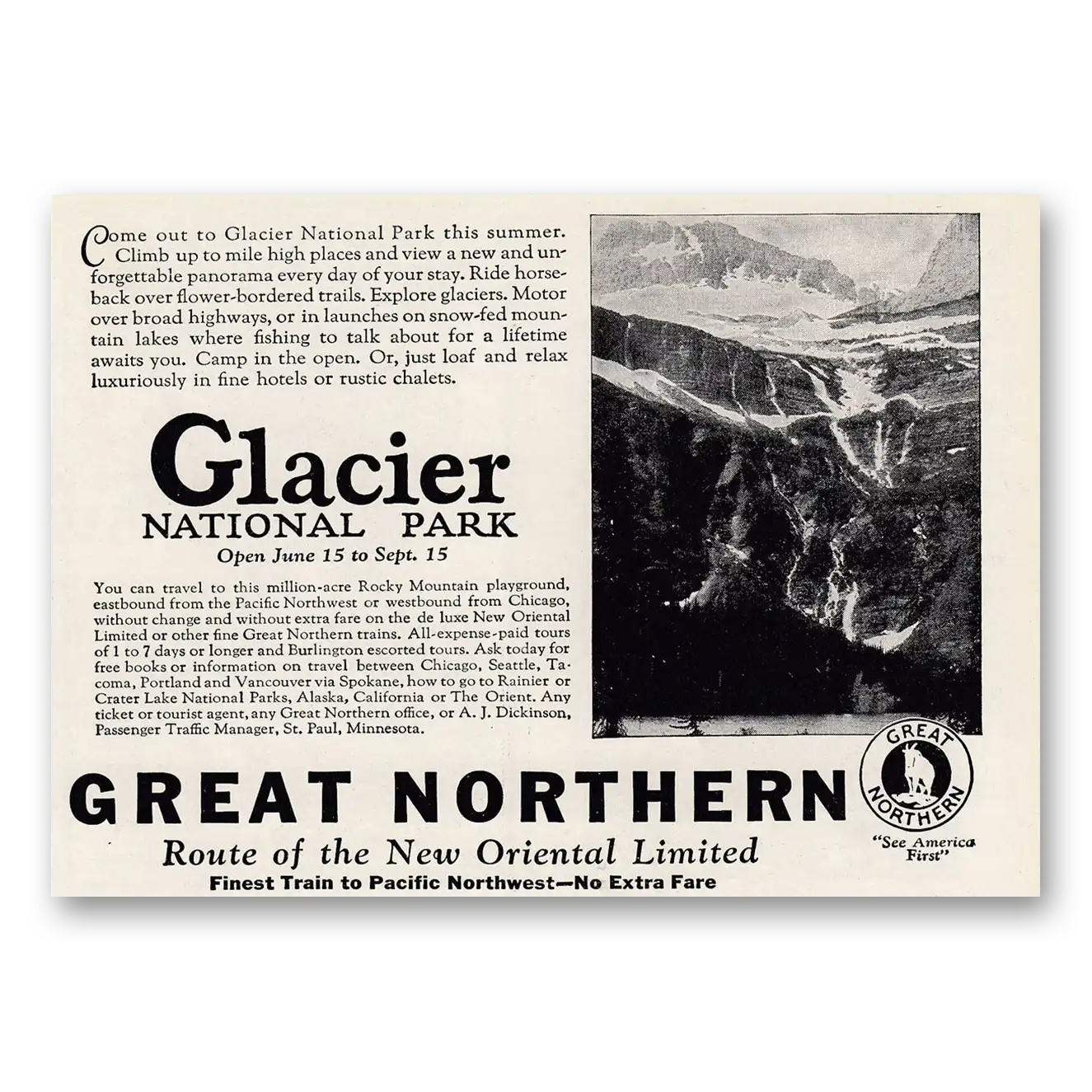 1925 Great Northern Railway Glacier National Park Vintage Magazine Print Ad