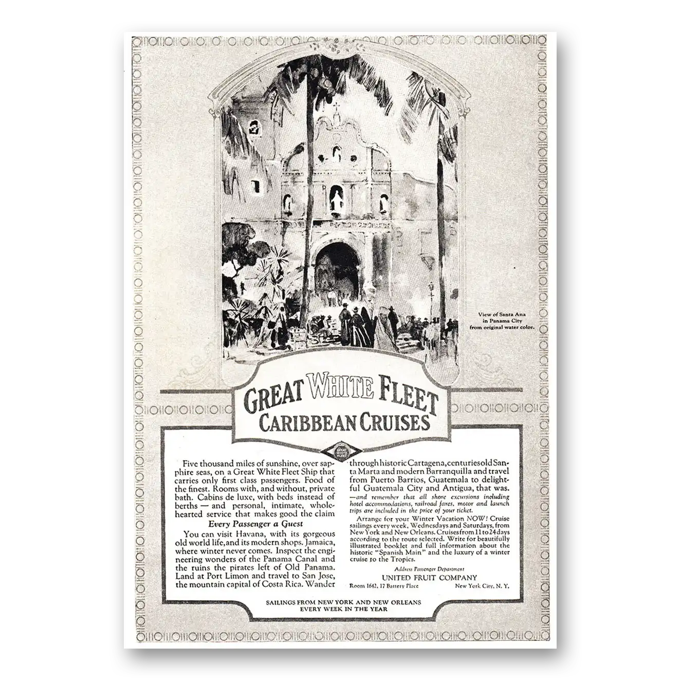 1925 Great White Fleet Caribbean Cruises Santa Ana Panama City Vintage Magazine Print Ad