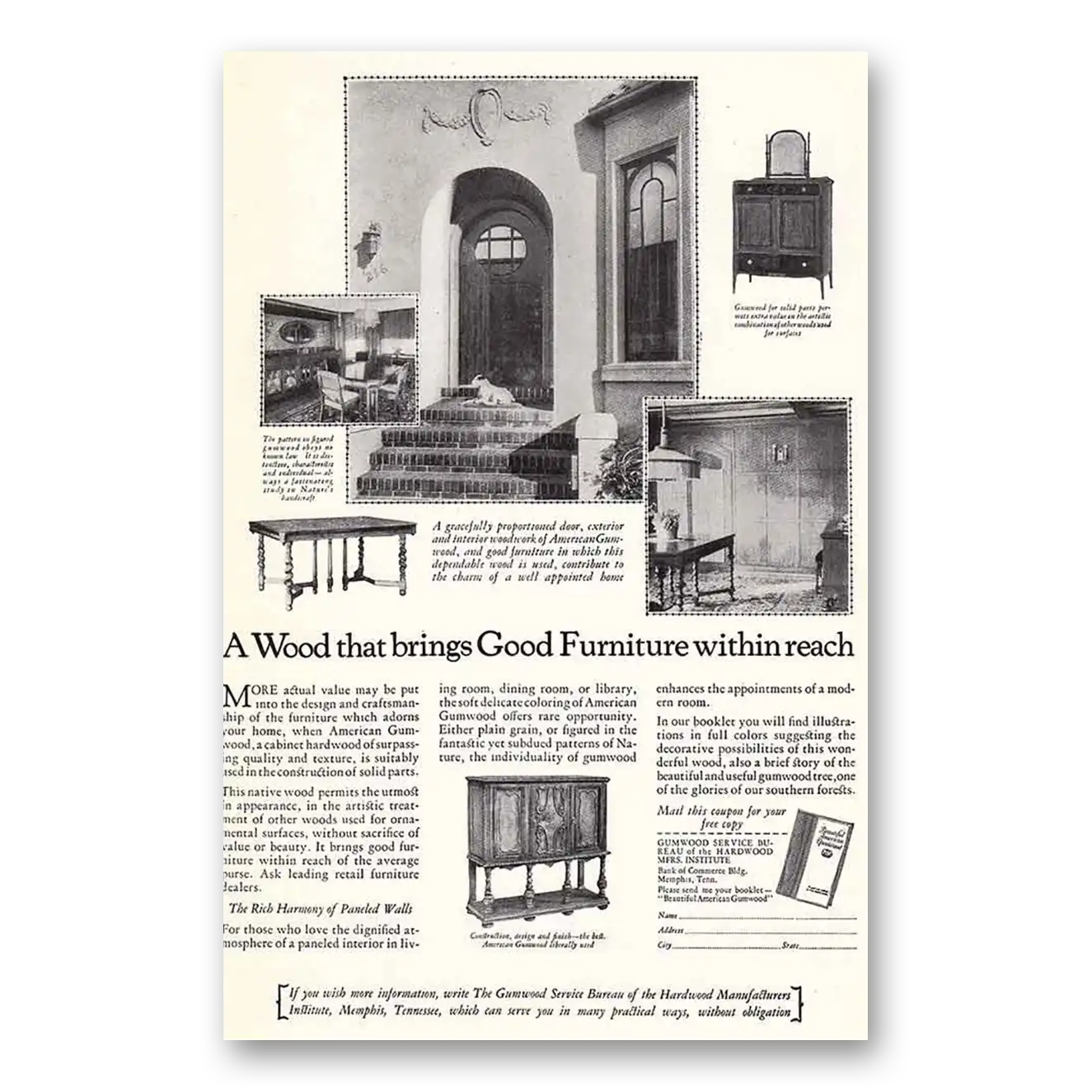 1925 Gumwood Service Bureau Good Furniture Within Reach Vintage Magazine Print Ad