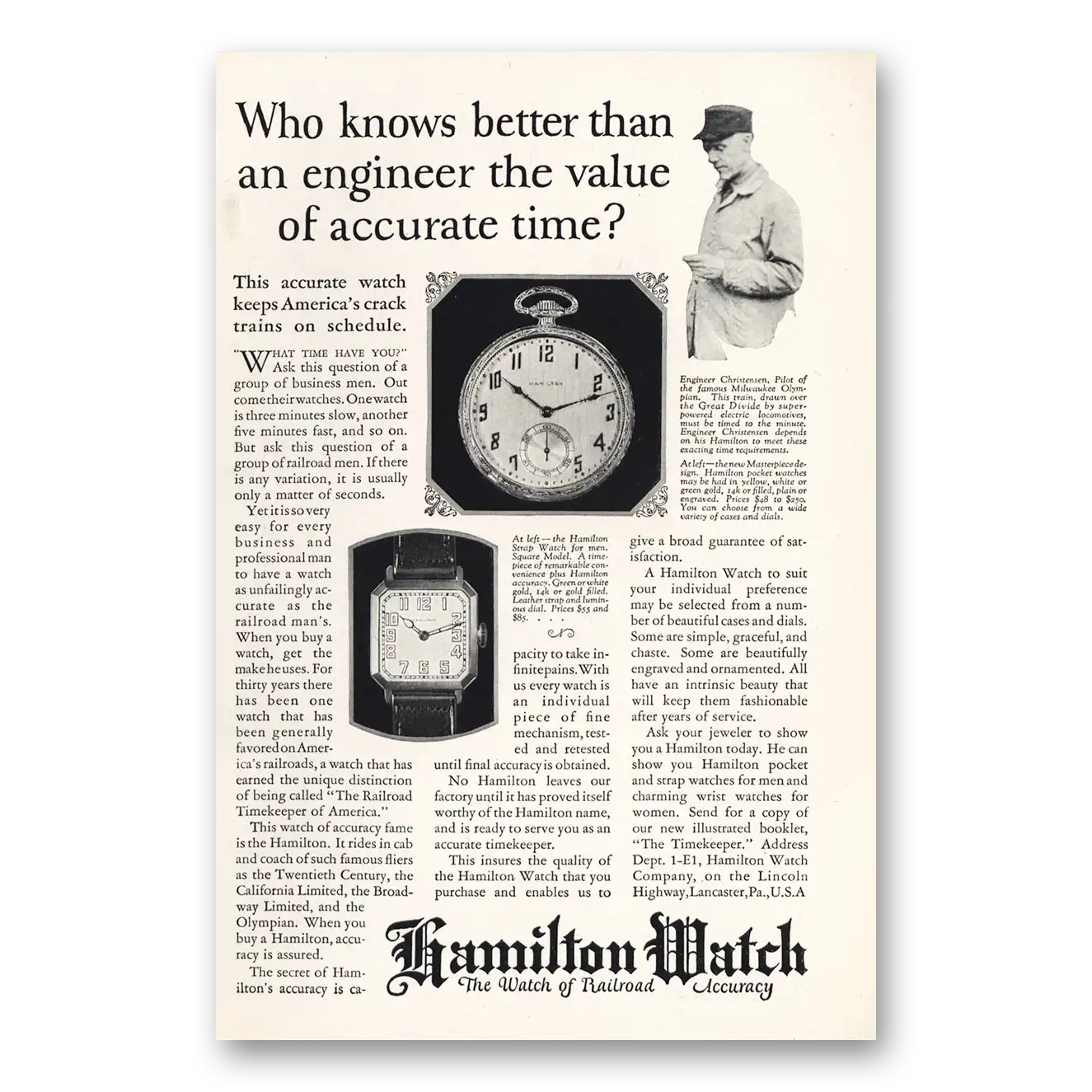 1925 Hamilton Watch Who Knows Better Than An Engineer Vintage Magazine Print Ad