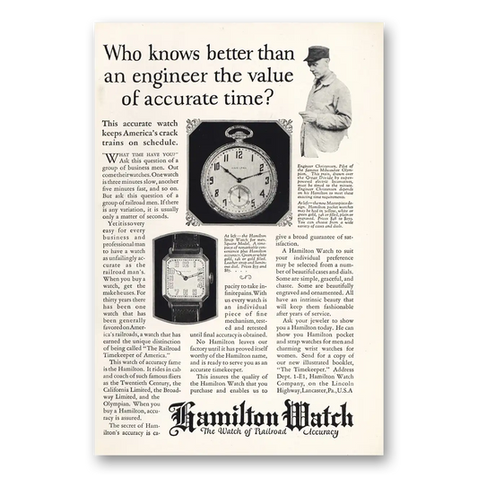 1925 Hamilton Watch Who Knows Better Than An Engineer Vintage Magazine Print Ad