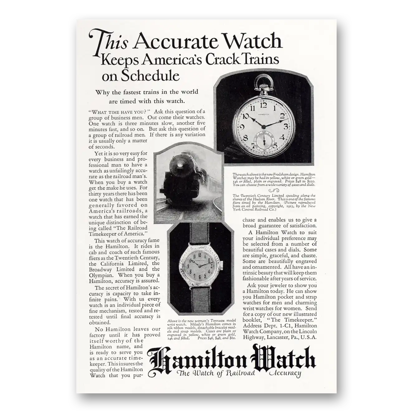 1925 Hamilton Watch Crack Trains On Schedule Vintage Magazine Print Ad