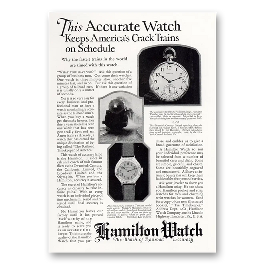 1925 Hamilton Watch Crack Trains On Schedule Vintage Magazine Print Ad