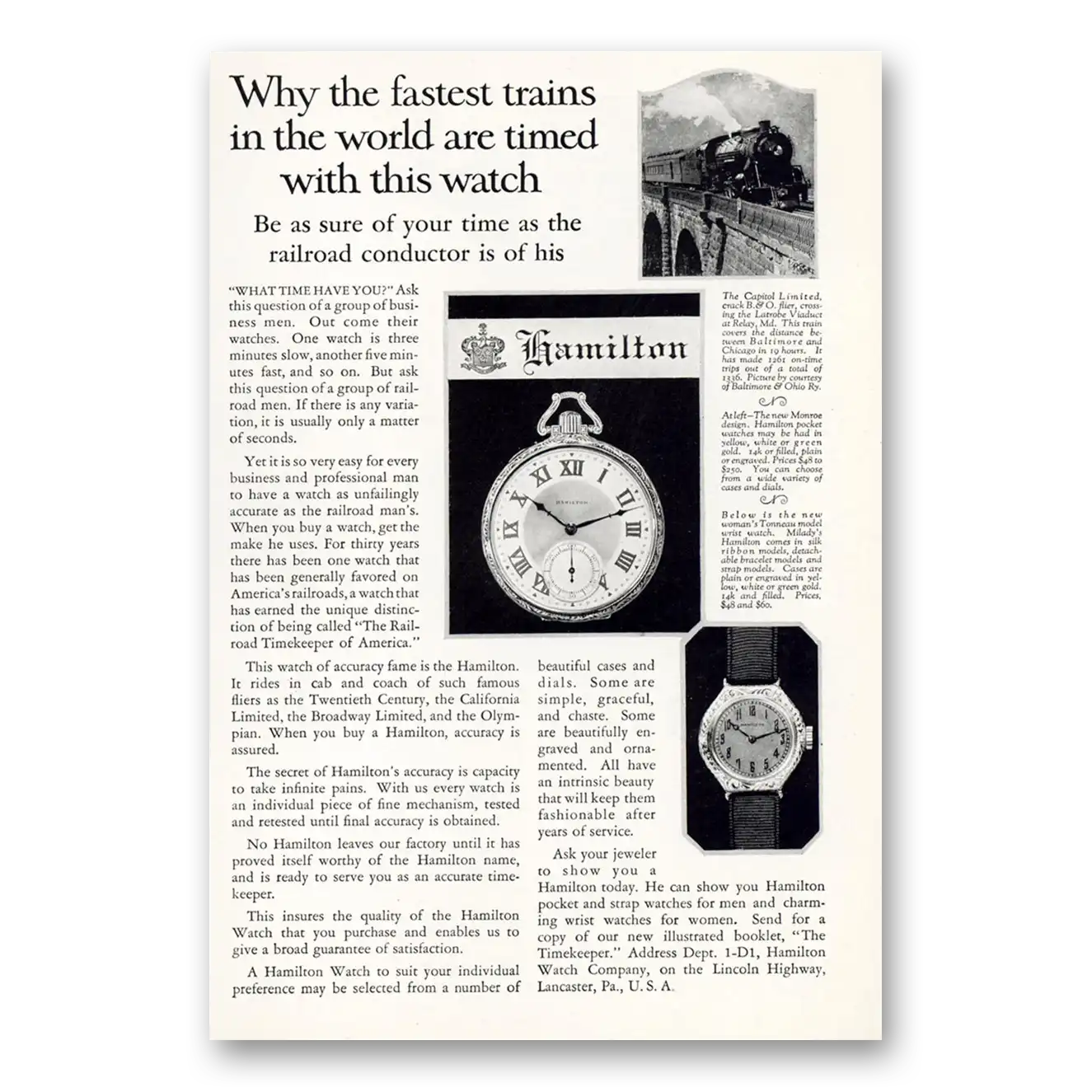 1925 Hamilton Watch Fastest Trains In the World Vintage Magazine Print Ad