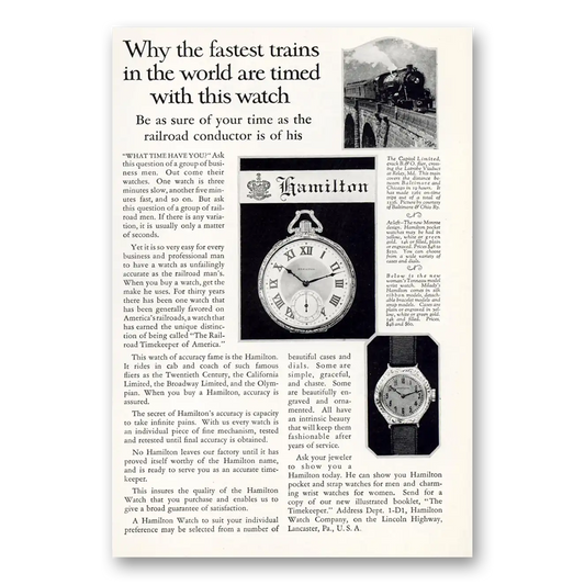 1925 Hamilton Watch Fastest Trains In the World Vintage Magazine Print Ad