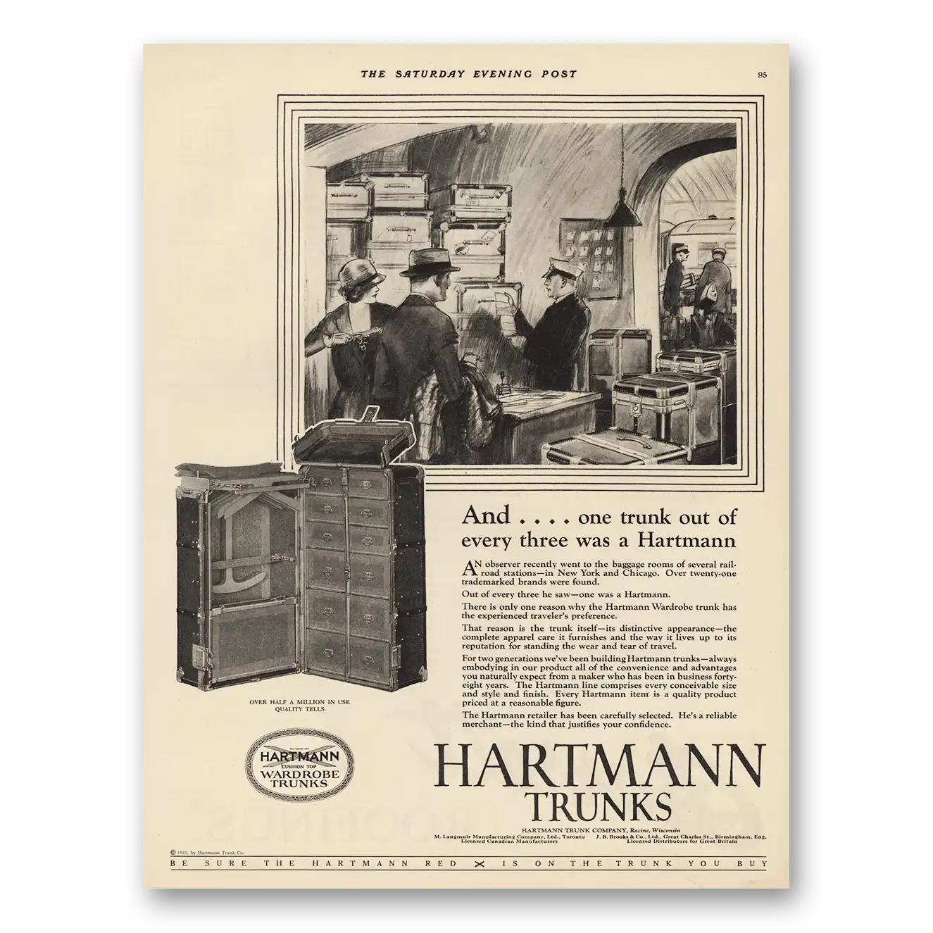 1925 Hartmann Wardrobe Trunks One Trunk Out of Every Three Vintage Magazine Print Ad