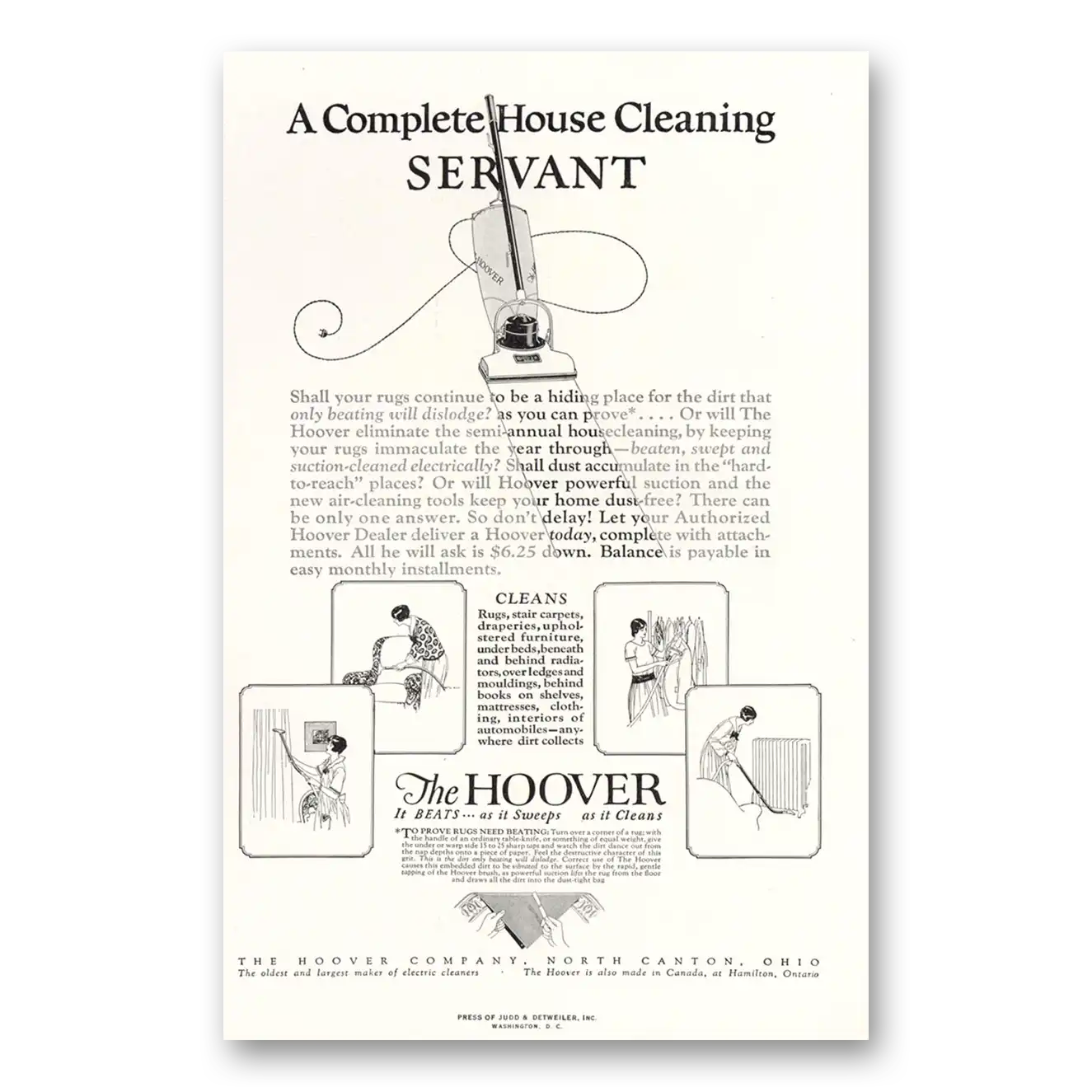 1925 Hoover Vacuum Complete House Cleaning Servant Vintage Magazine Print Ad