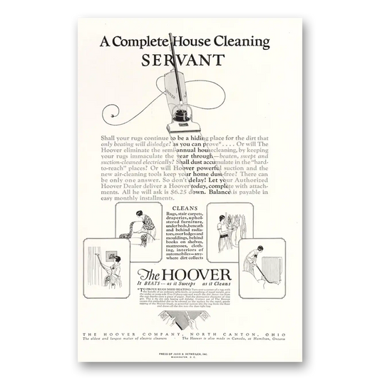 1925 Hoover Vacuum Complete House Cleaning Servant Vintage Magazine Print Ad