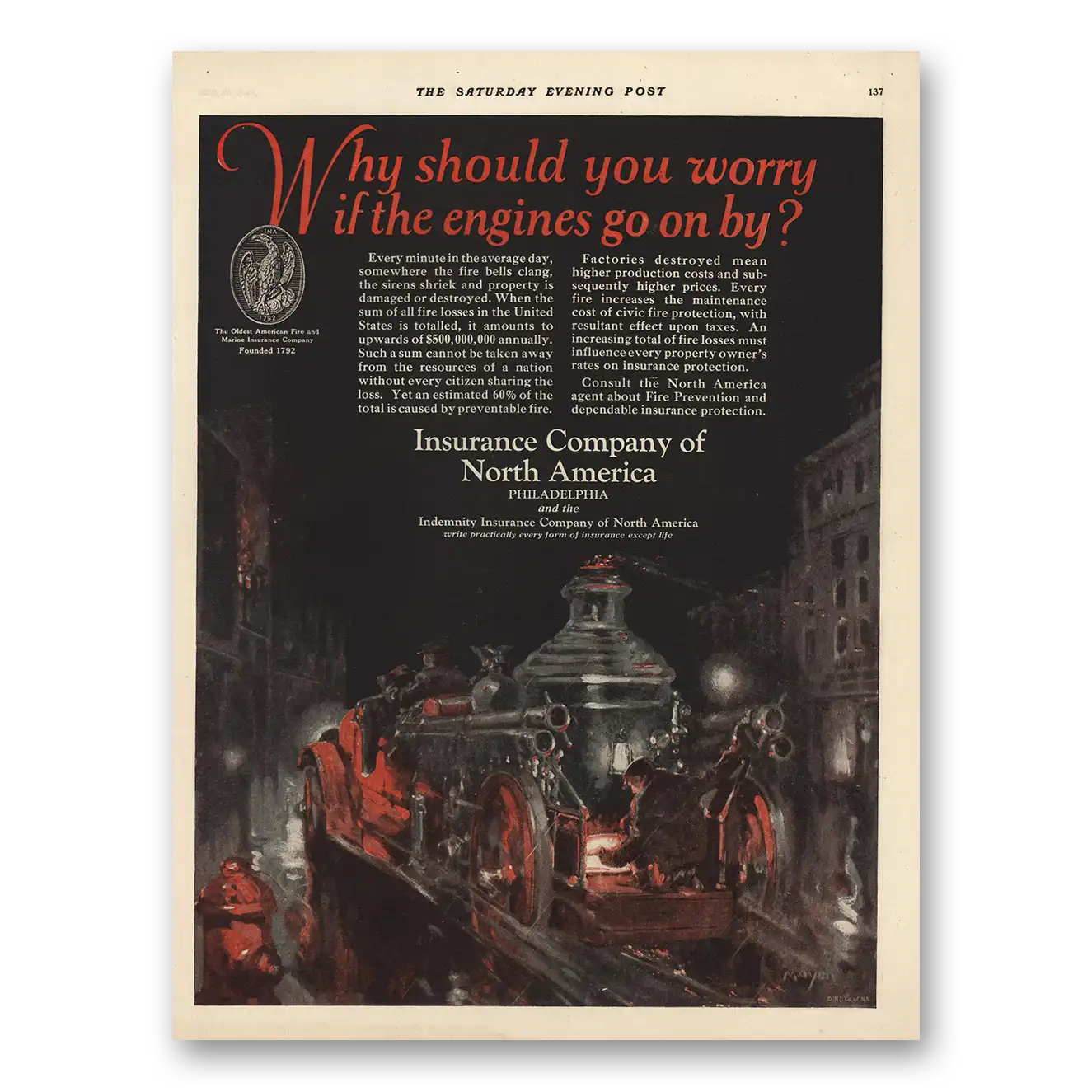 1925 Insurance Company North America INA Should You Worry If Engines Go On By Vintage Magazine Print Ad