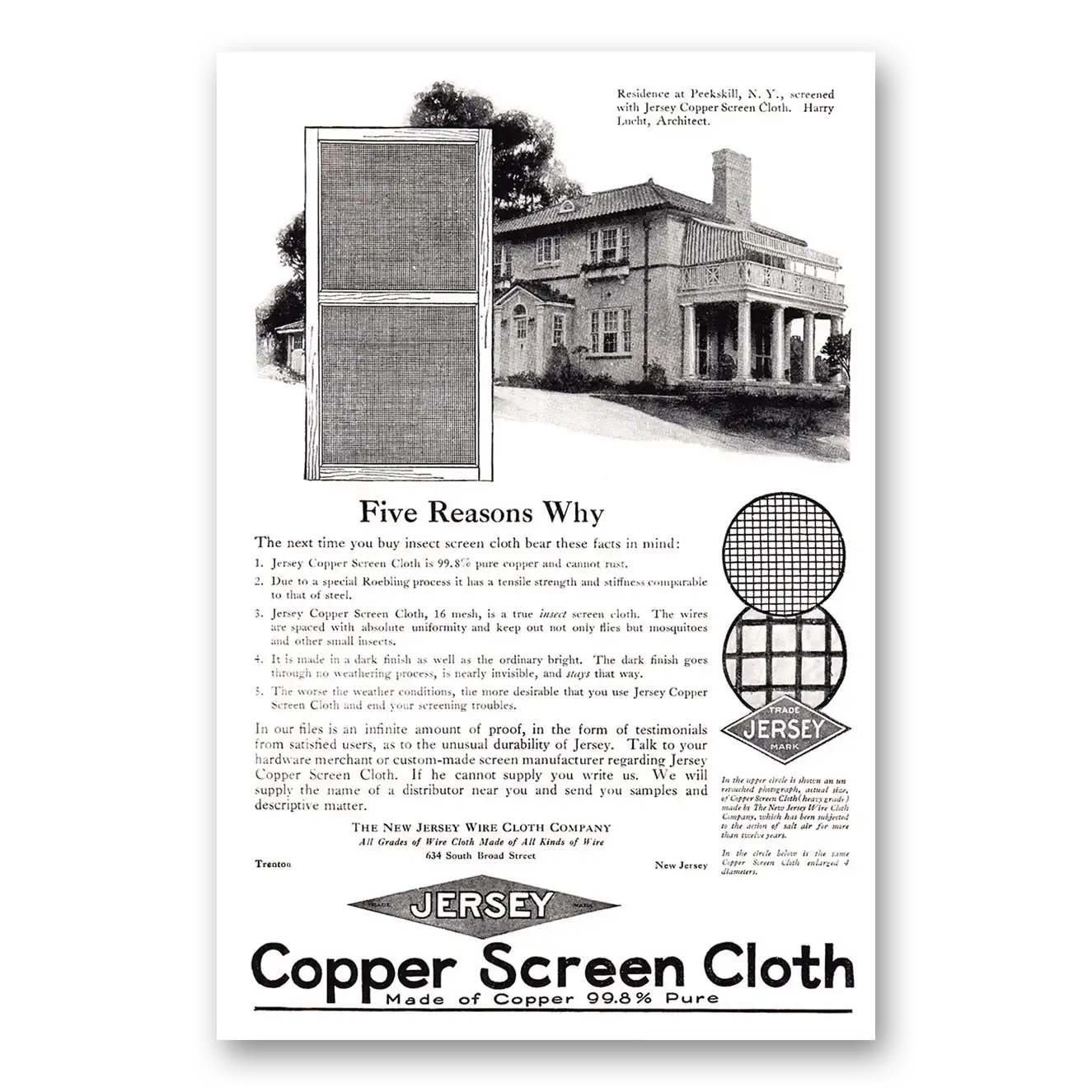 1925 Jersey Copper Screen Cloth Peekskill NY Vintage Magazine Print Ad