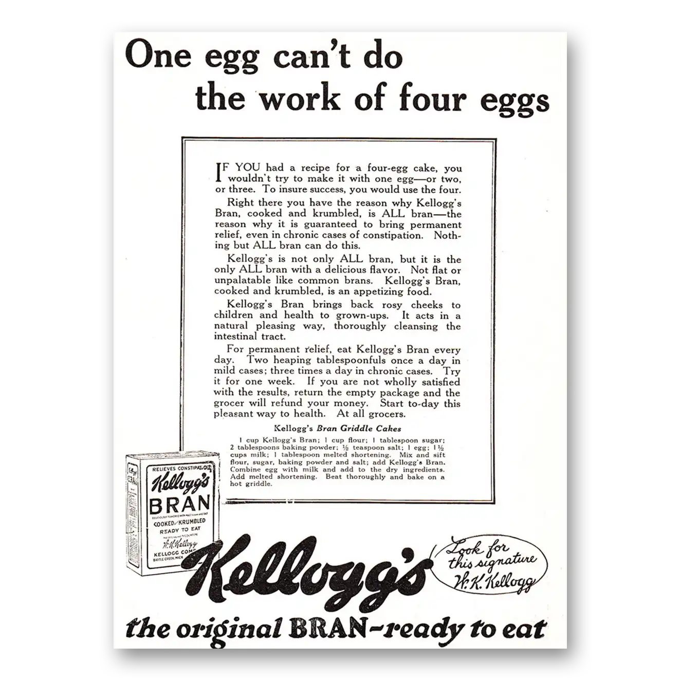 1925 Kelloggs All Bran Cereal One Egg Can't Do Vintage Magazine Print Ad