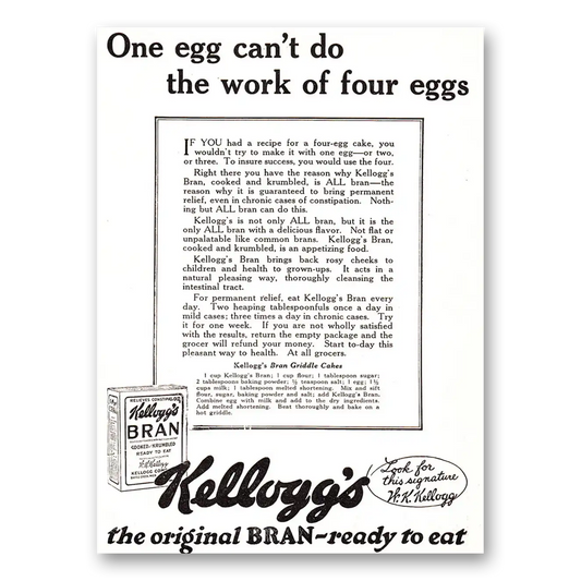 1925 Kelloggs All Bran Cereal One Egg Can't Do Vintage Magazine Print Ad