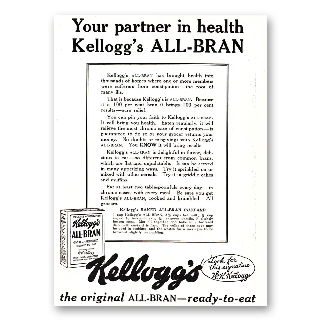 1925 Kelloggs All Bran Cereal Your Partner in Health Vintage Magazine Print Ad