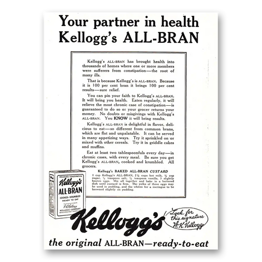 1925 Kelloggs All Bran Cereal Your Partner in Health Vintage Magazine Print Ad