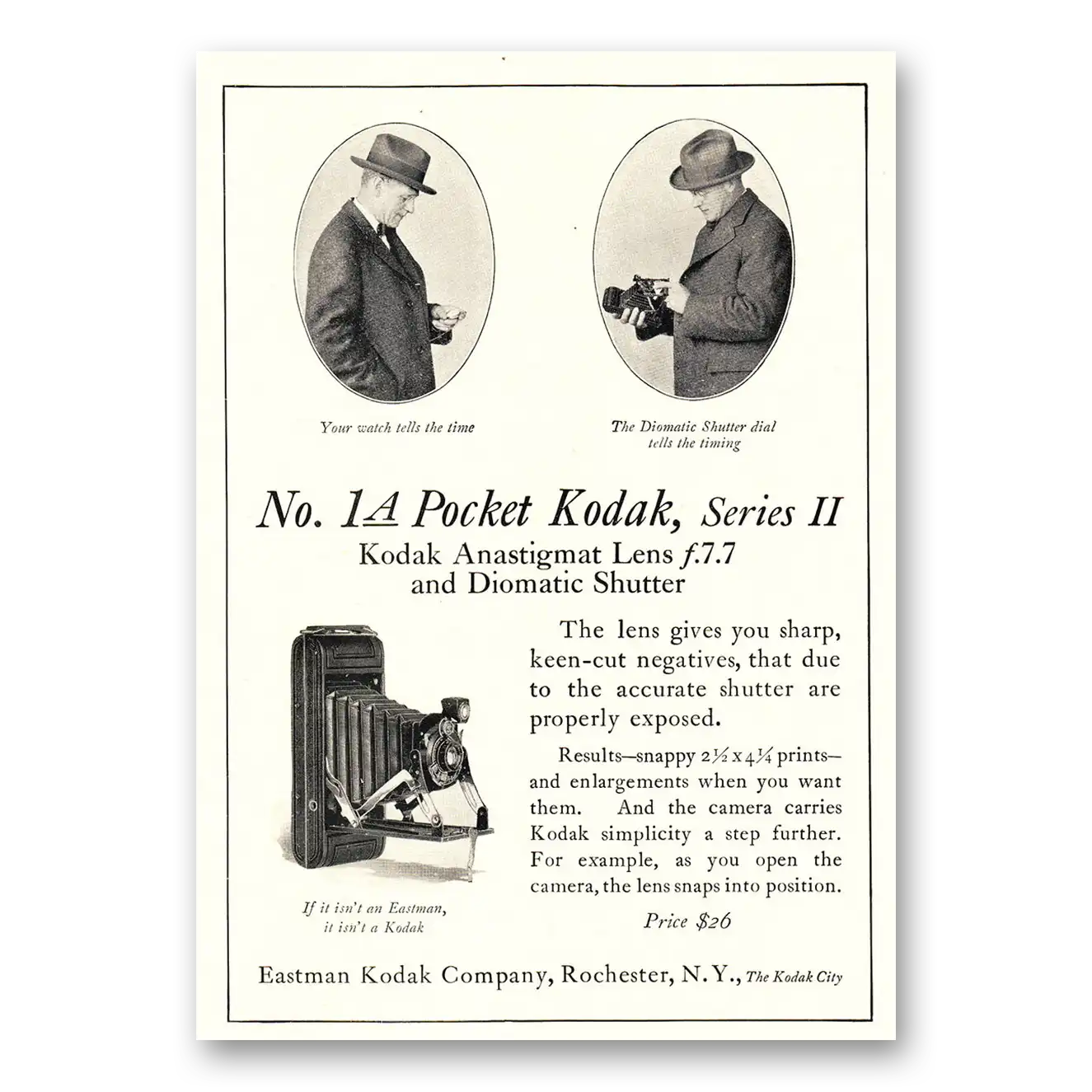 1925 Kodak Anastigmat Camera No 1A Pocket Series II Lens Gives You Sharp Vintage Magazine Print Ad