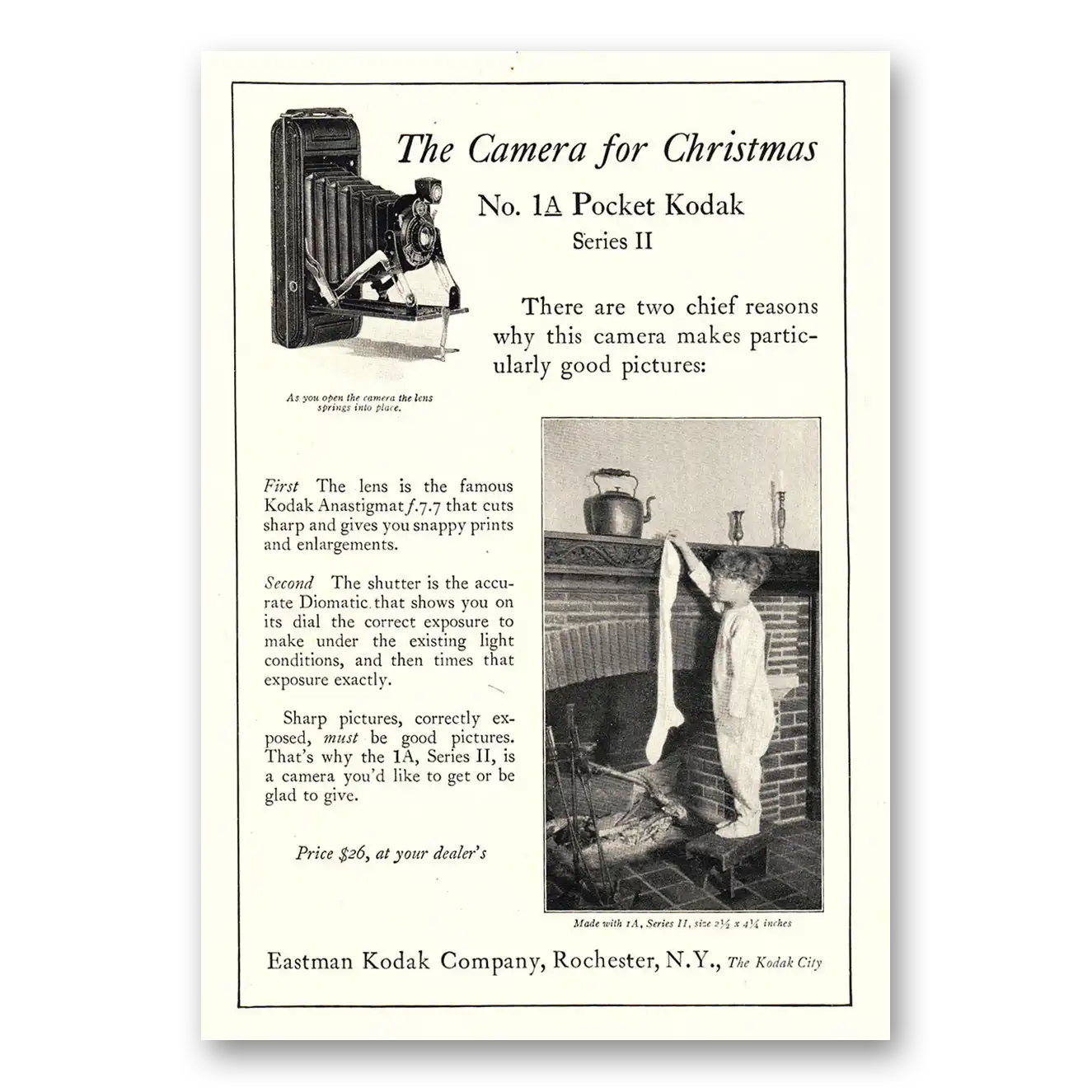 1925 Kodak Pocket Camera Pocket No 1A Series II Camera Christmas Vintage Magazine Print Ad