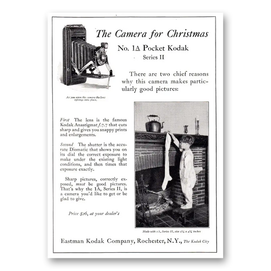 1925 Kodak Pocket Camera No 1A Pocket Series II The Camera for Christmas Vintage Magazine Print Ad