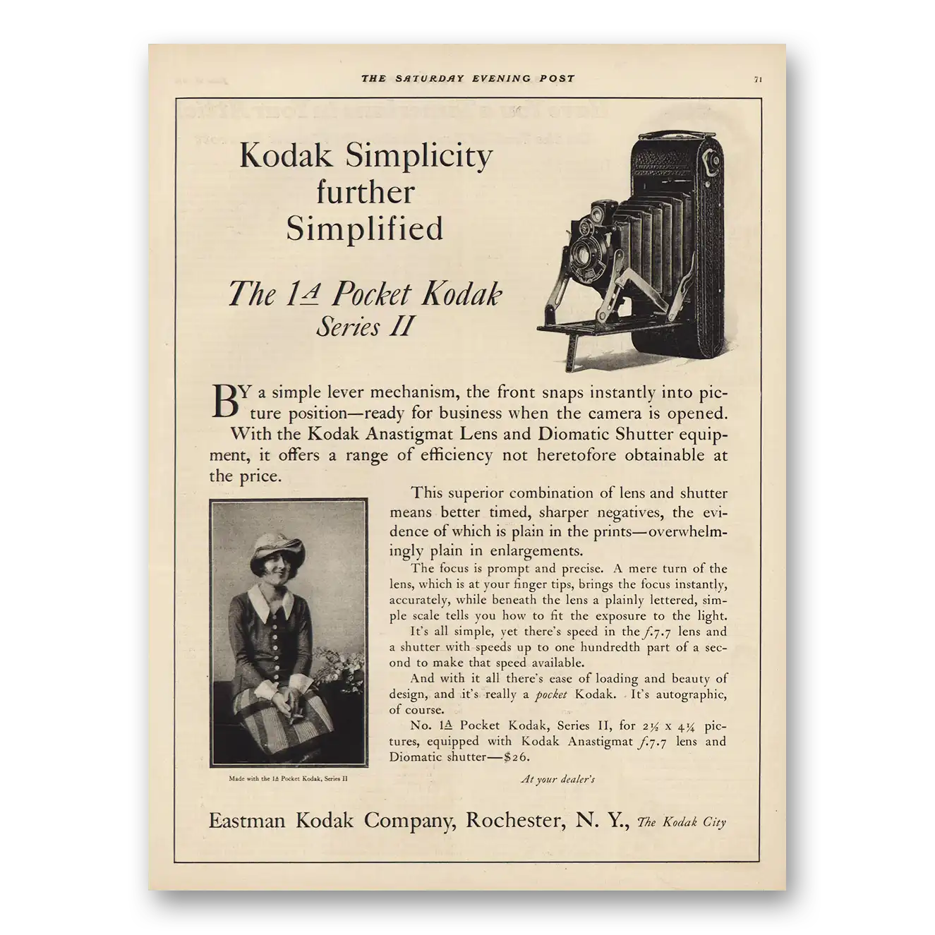 1925 Kodak Pocket Camera Simplicity Further Simplified Vintage Magazine Print Ad