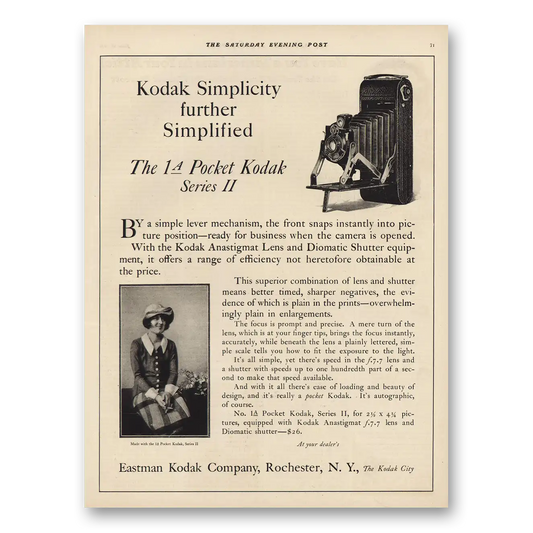 1925 Kodak Pocket Camera Simplicity Further Simplified Vintage Magazine Print Ad