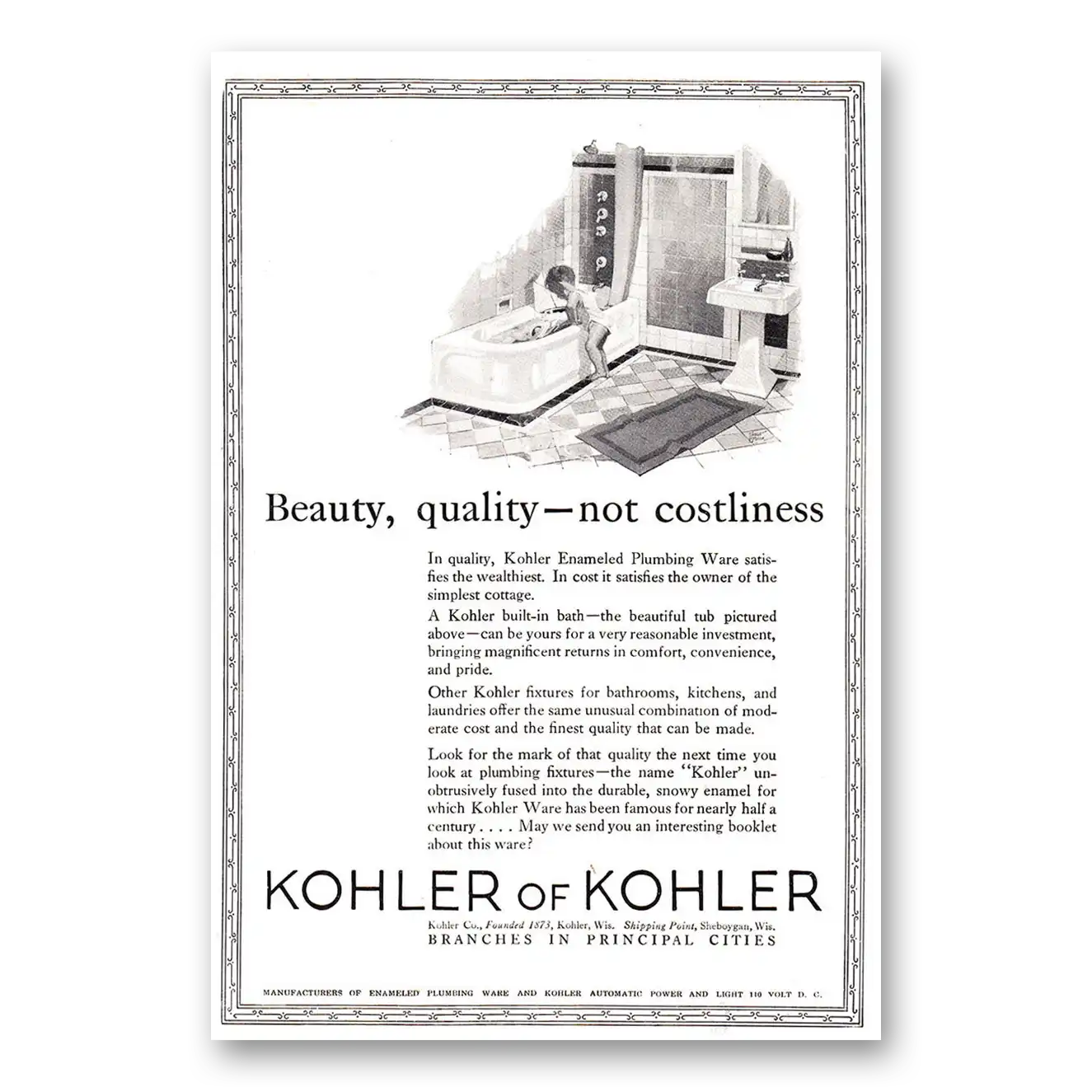 1925 Kohler Beauty Quality Not Costliness Vintage Magazine Print Ad