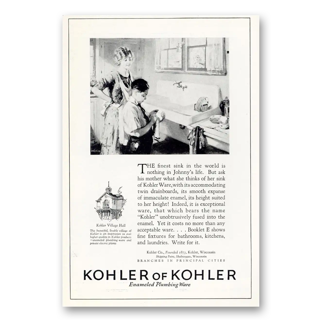 1925 Kohler Finest Sink in the World Vintage Magazine Print Ad