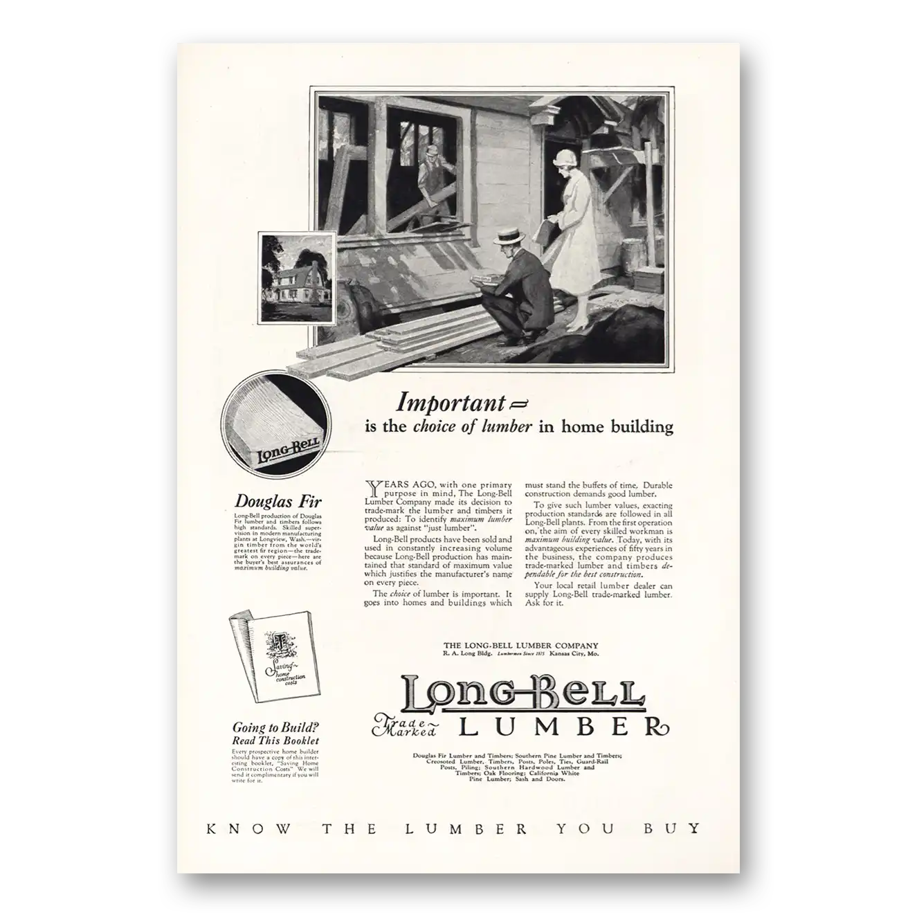 1925 Long Bell Lumber Choice of Lumber in Home Building Douglas Fir Vintage Magazine Print Ad