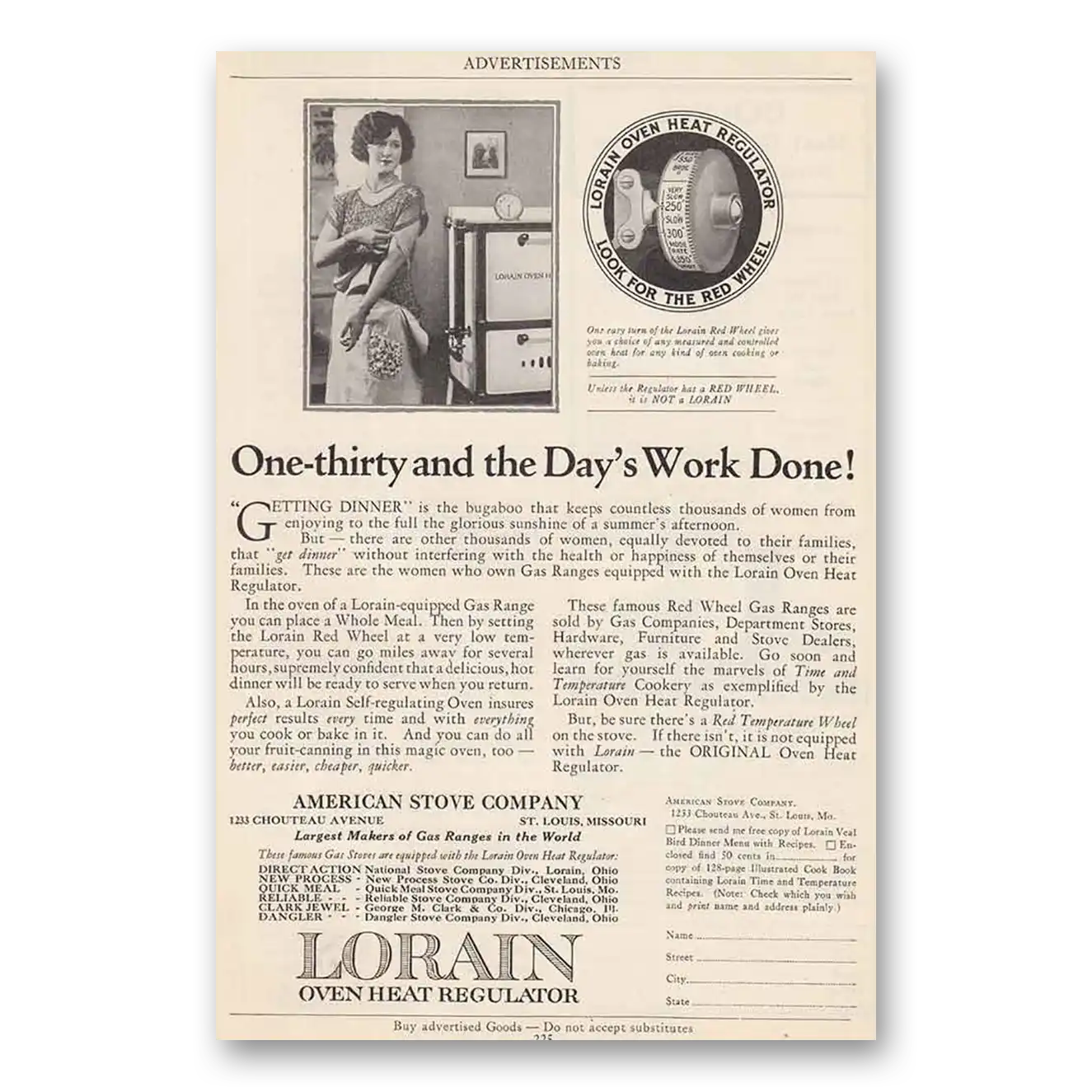 1925 Lorain Oven Heat Regulator One Thirty and the Days Work Done Vintage Magazine Print Ad