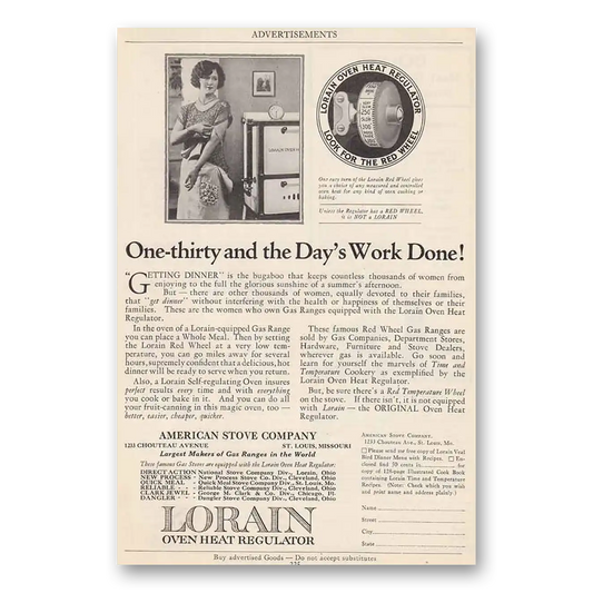 1925 Lorain Oven Heat Regulator One Thirty and the Days Work Done Vintage Magazine Print Ad