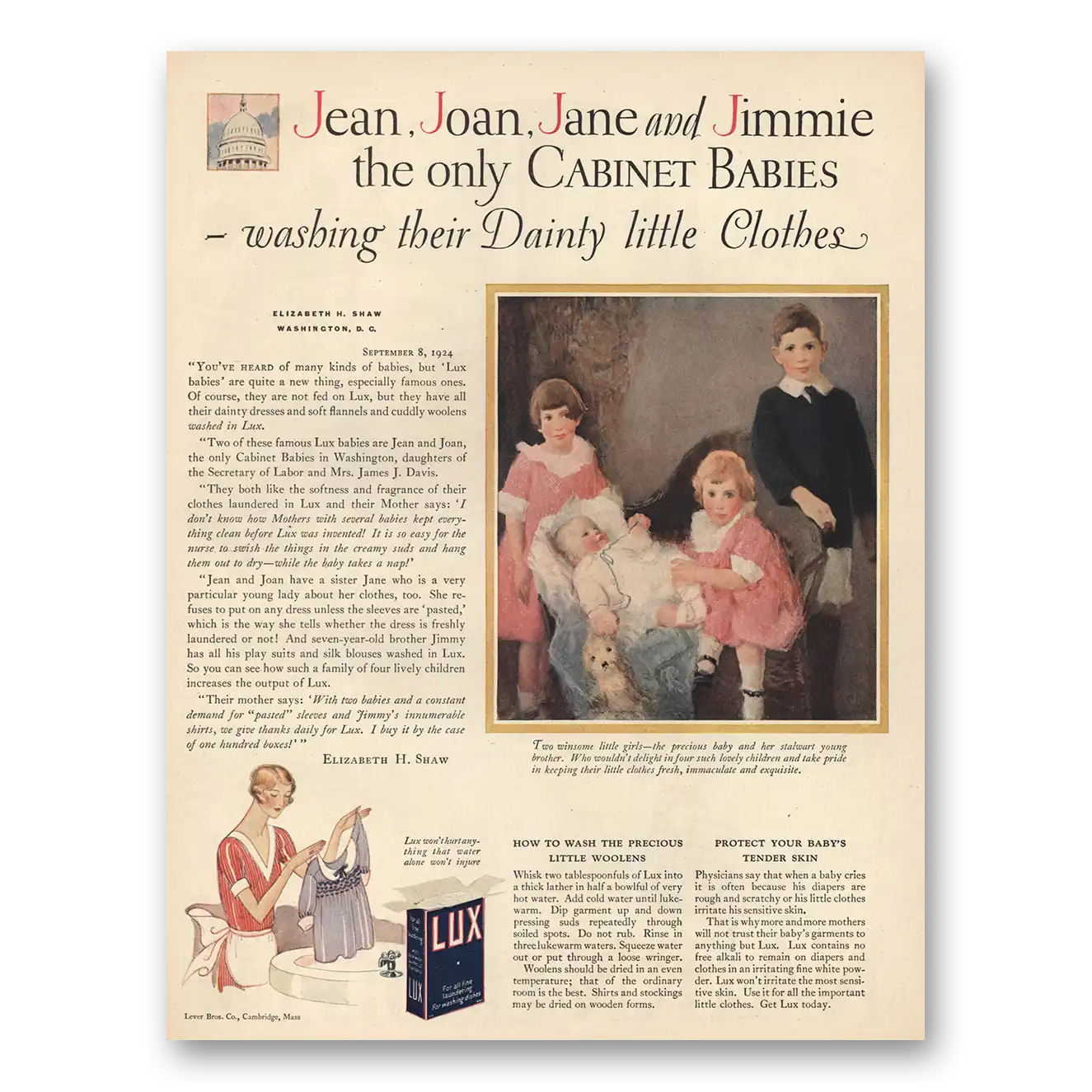 1925 Lux Soap Jean Joan Jane and Jimmie the Only Cabinet Babies Vintage Magazine Print Ad