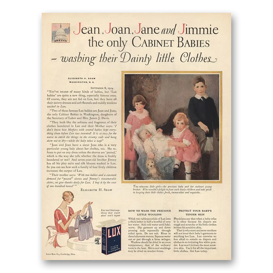 1925 Lux Soap Jean Joan Jane and Jimmie the Only Cabinet Babies Vintage Magazine Print Ad