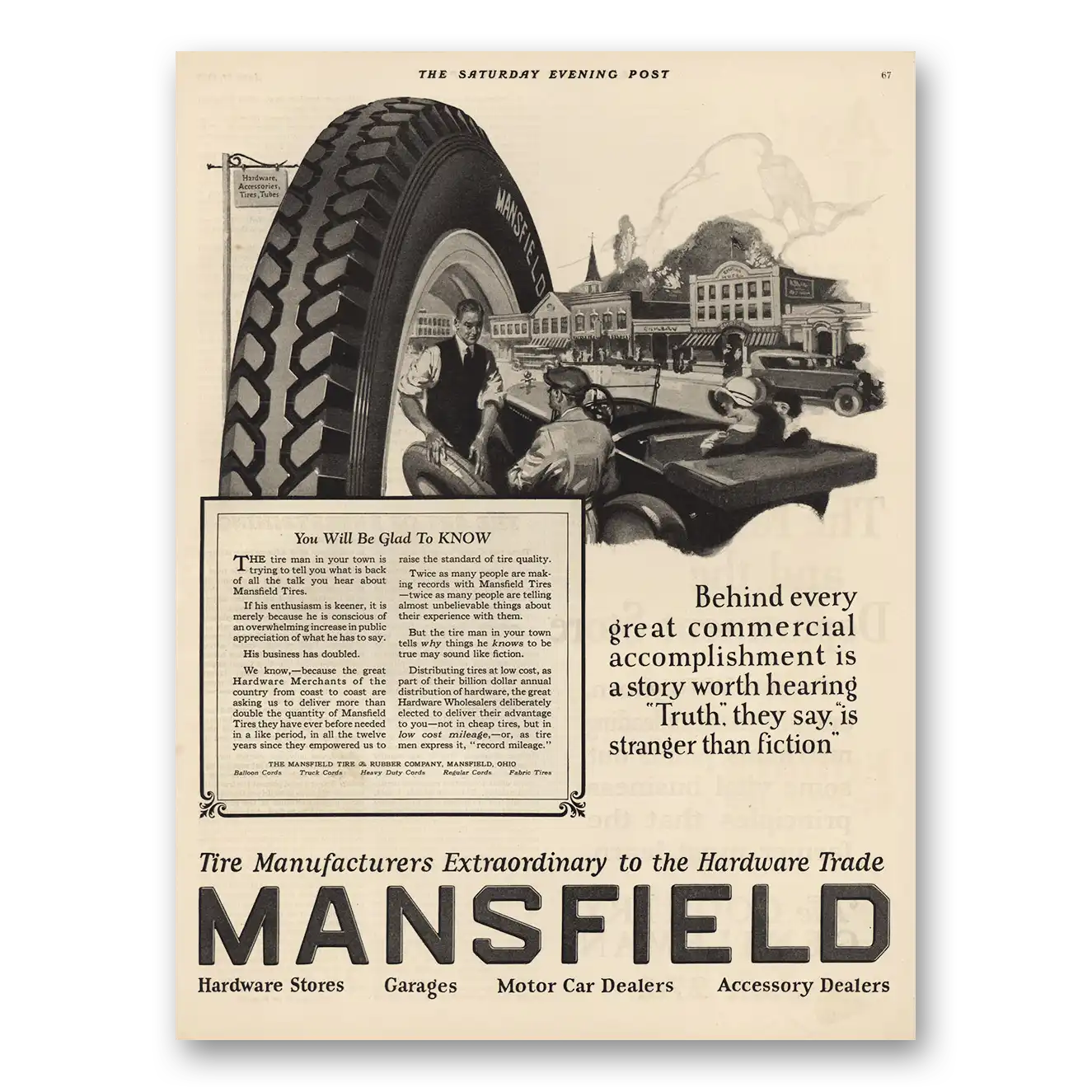 1925 Mansfield Tires Behind Every Great Commercial Accomplishment Vintage Magazine Print Ad