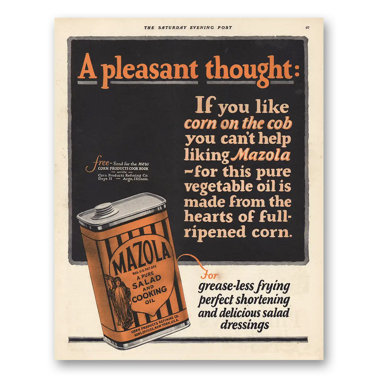 1925 Mazola Cooking Oil Pleasant Thought Vintage Magazine Print Ad