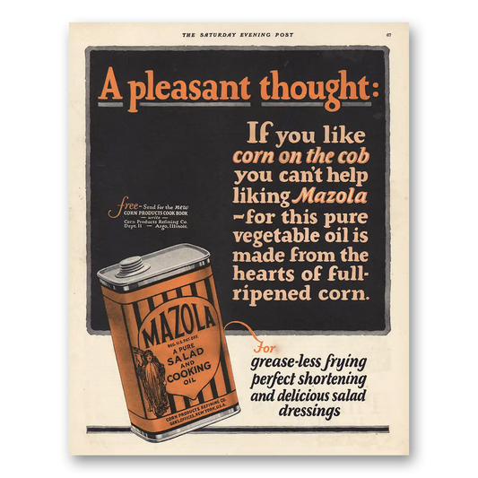 1925 Mazola Cooking Oil Pleasant Thought Vintage Magazine Print Ad