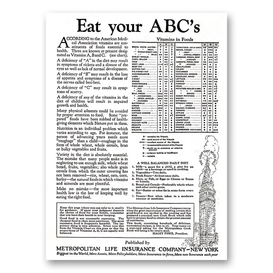 1925 Metropolitan Life Insurance Eat Your ABCs Vintage Magazine Print Ad