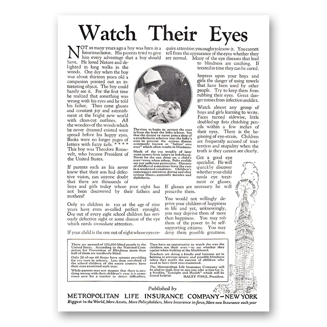 1925 Metropolitan Life Insurance Their Eyes Vintage Magazine Print Ad