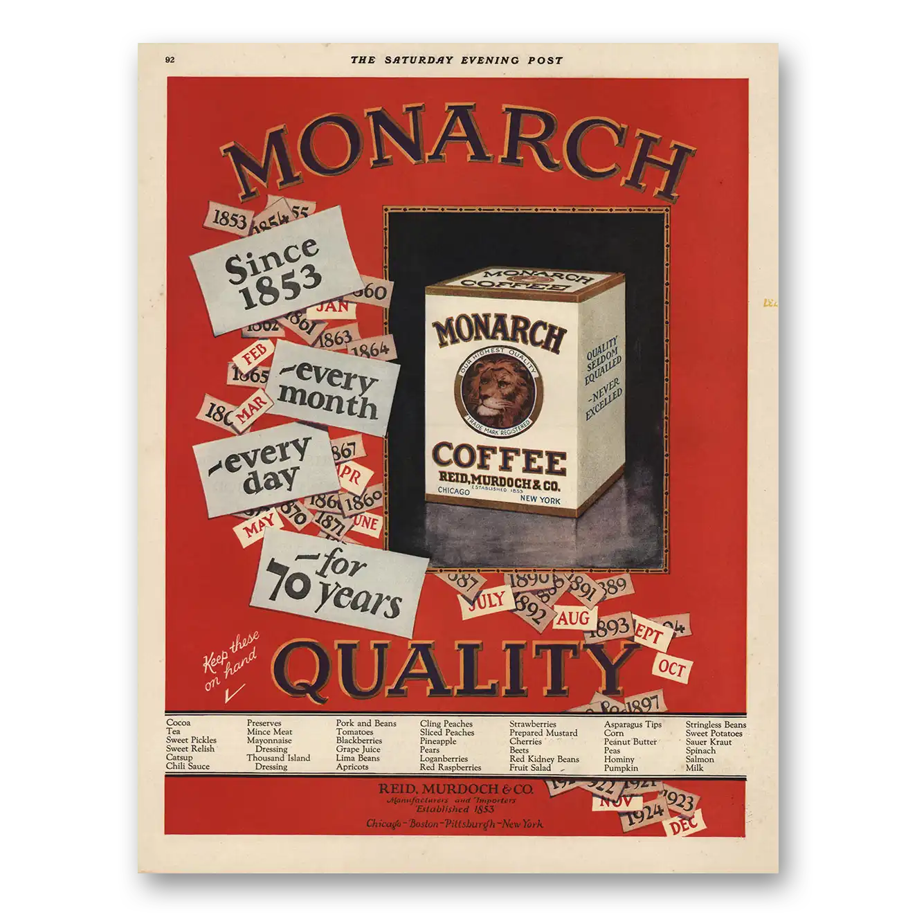 1925 Monarch Coffee Since 1853 Every Month Every Day Vintage Magazine Print Ad