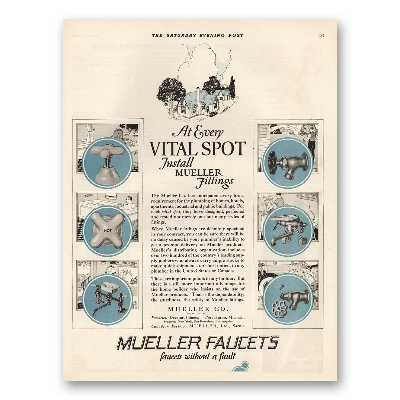 1925 Mueller Faucets At Every Vital Spot Vintage Magazine Print Ad