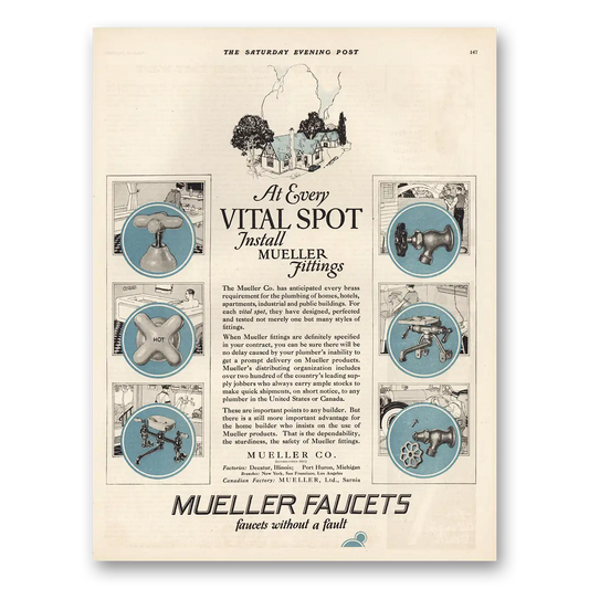 1925 Mueller Faucets At Every Vital Spot Vintage Magazine Print Ad