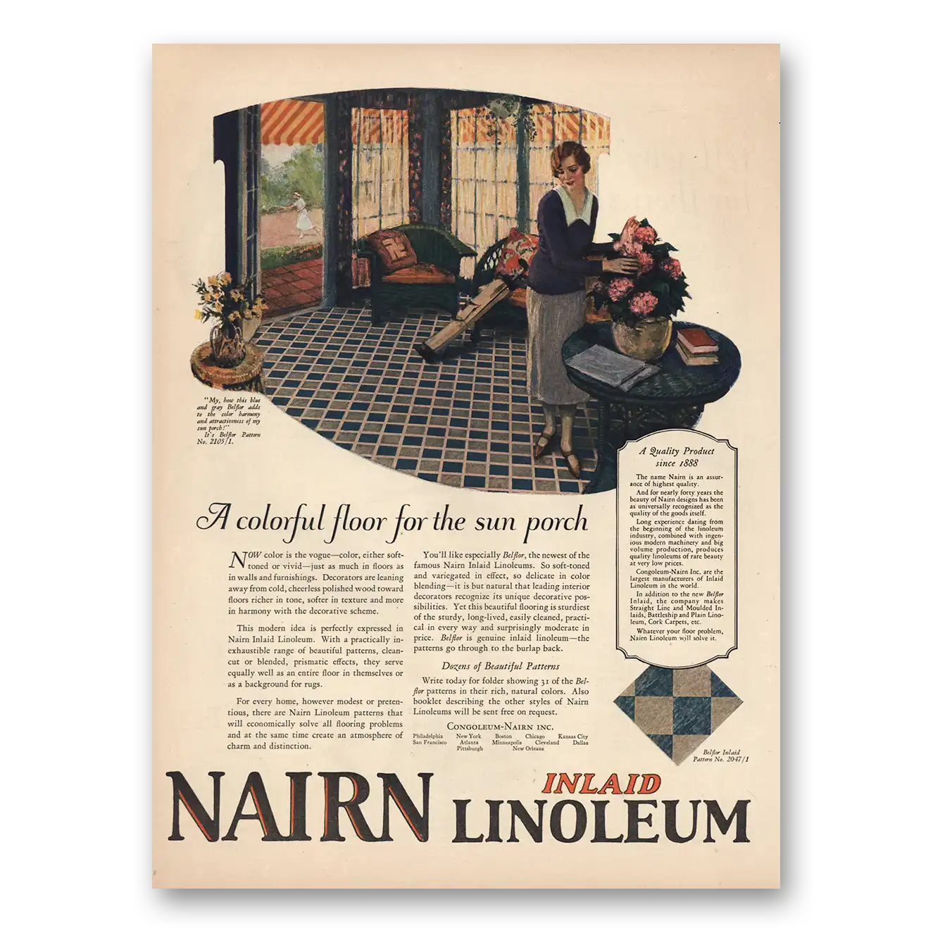 1925 Nairn Linoleum Colorful Floor for Sun Porch Vintage Magazine Print Ad