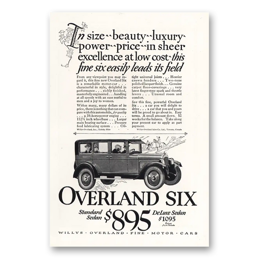 1925 Willys Overland Overland Six Size Beauty Luxury Power Vintage Magazine Print Ad