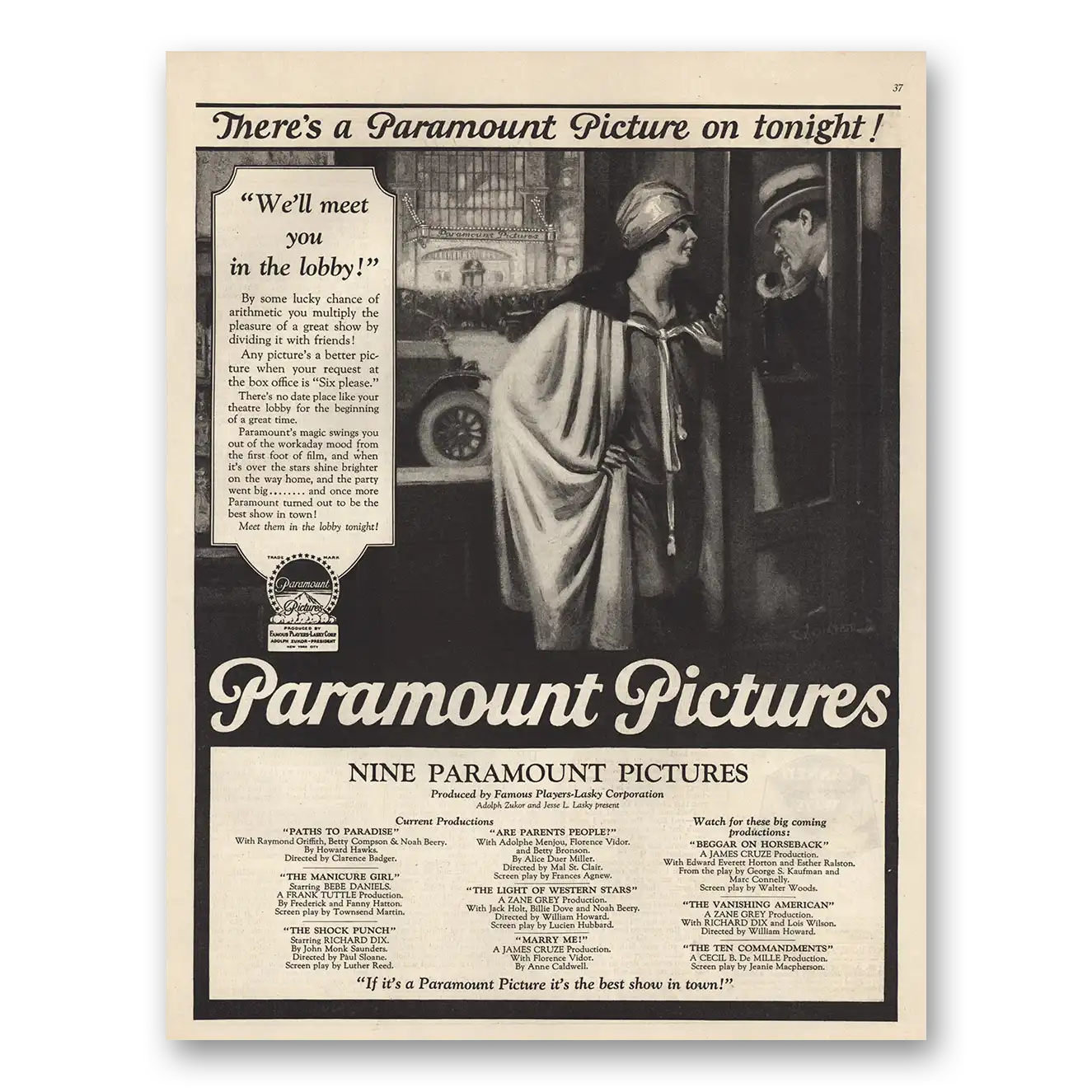 1925 Paramount Pictures Theres a Paramount Picture On Tonight Vintage Magazine Print Ad