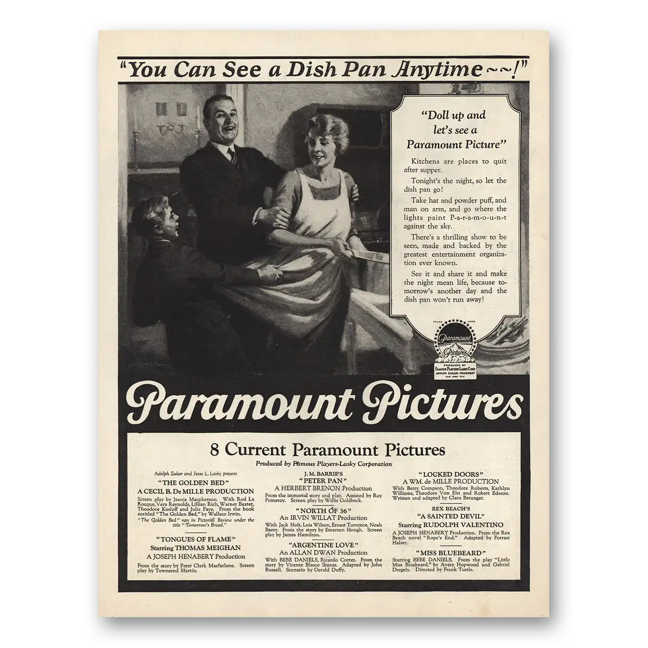 1925 Paramount Pictures You Can See a Dish Pan Anytime Vintage Magazine Print Ad