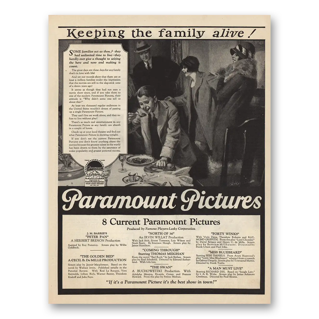 1925 Paramount Pictures Keeping the Family Alive Vintage Magazine Print Ad