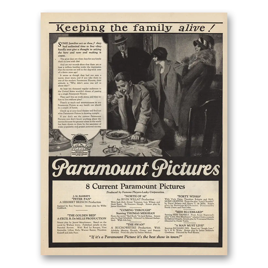 1925 Paramount Pictures Keeping the Family Alive Vintage Magazine Print Ad