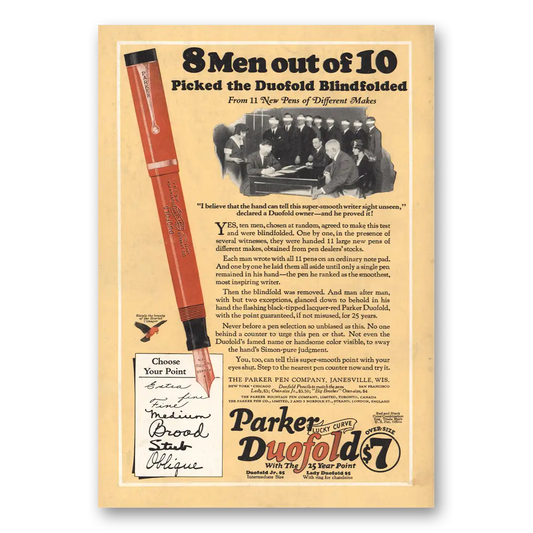 1925 Parker Duofold Pen 8 Men Out of 10 Vintage Magazine Print Ad