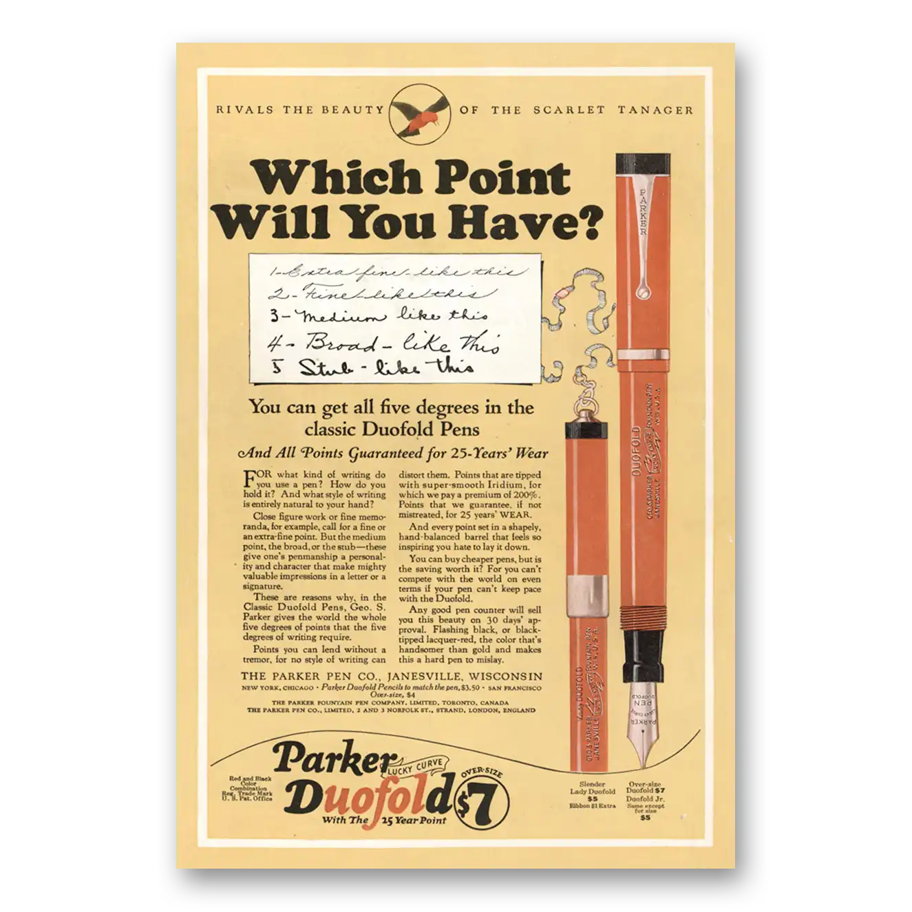 1925 Parker Duofold Pen Which Point Will You Have Vintage Magazine Print Ad