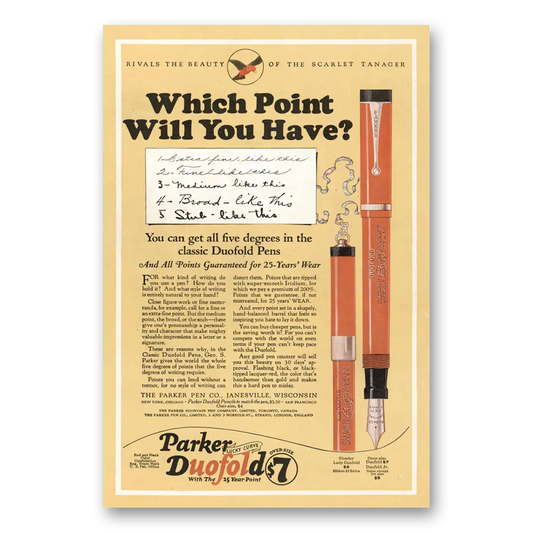 1925 Parker Duofold Pen Which Point Will You Have Vintage Magazine Print Ad